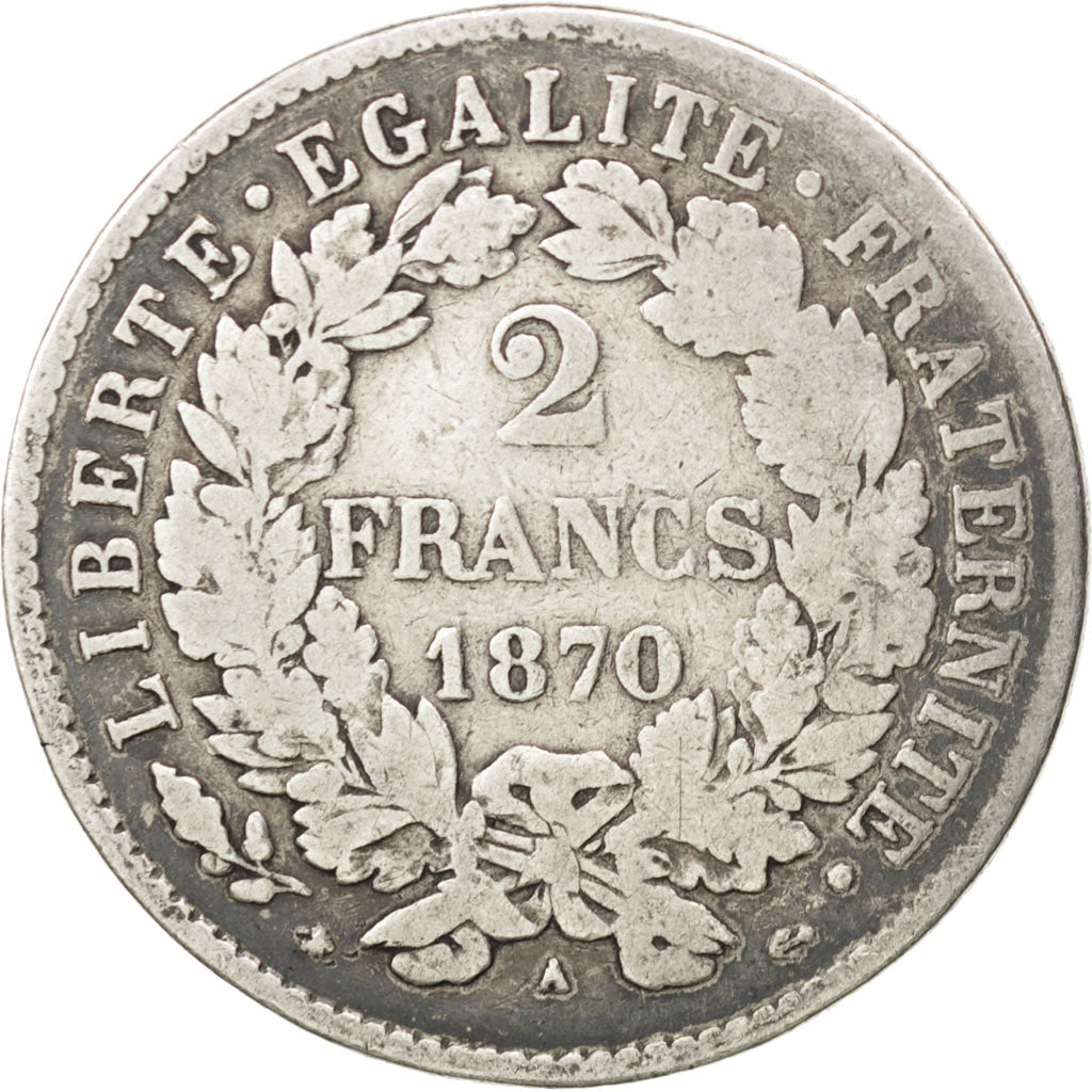 Coin, France, Cérès, 2 Francs, 1870, Paris, VF(20-25), Silver, KM:817.1