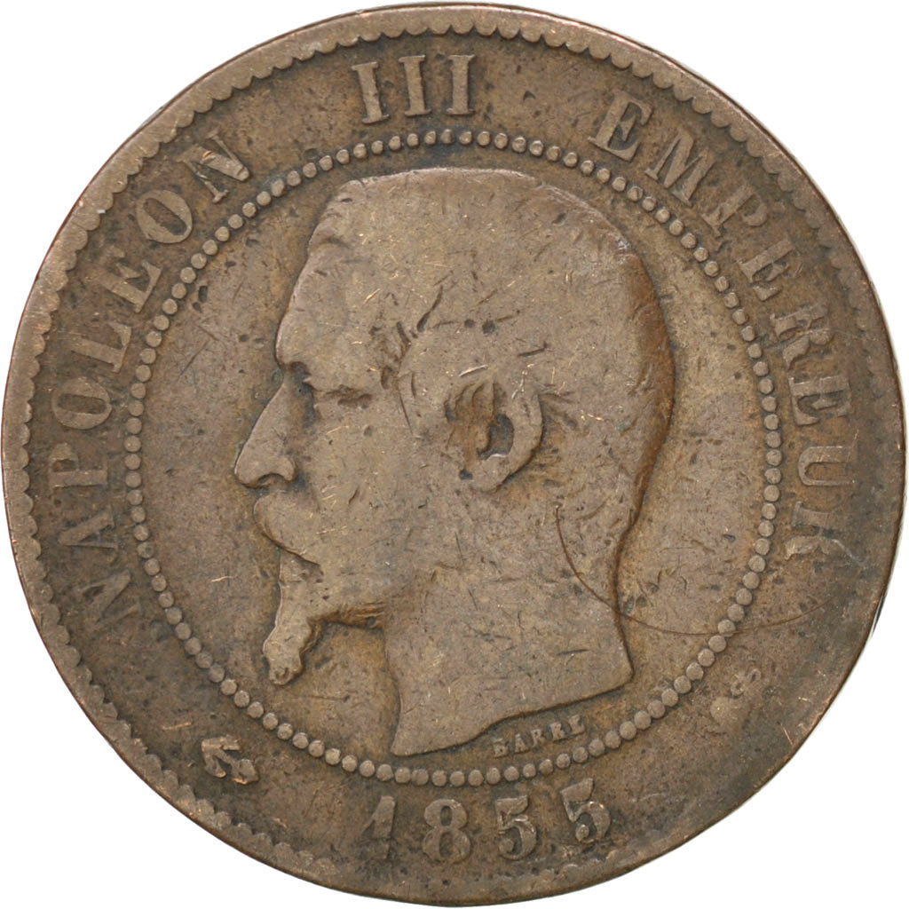 FRANCE, Napoléon III, 10 Centimes, 1855, Lyon, KM #771.4, VF(20-25), Bronze, G..