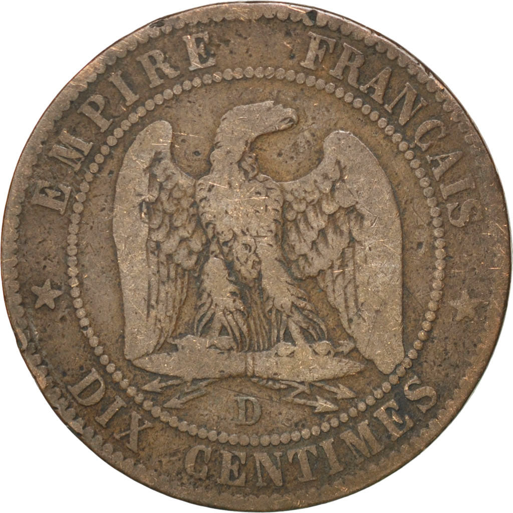 FRANCE, Napoléon III, 10 Centimes, 1855, Lyon, KM #771.4, VF(20-25), Bronze, G..