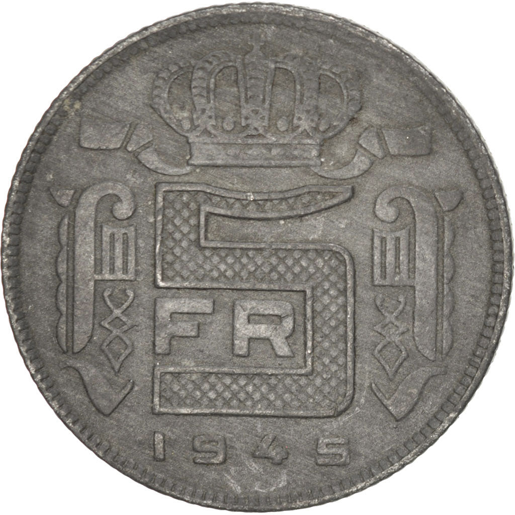 BELGIUM, 5 Francs, 5 Frank, 1945, KM #129.1, EF(40-45), Zinc, 25, 5.79