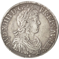 FRANCE, Écu à la mèche longue, ECU, 1652, Lyon, KM #155.4, VF(30-35), Silver, Ga