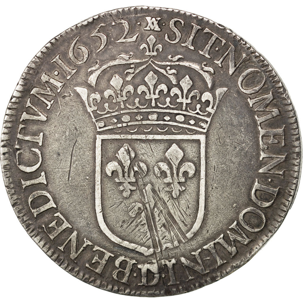 FRANCE, Écu à la mèche longue, ECU, 1652, Lyon, KM #155.4, VF(30-35), Silver, Ga