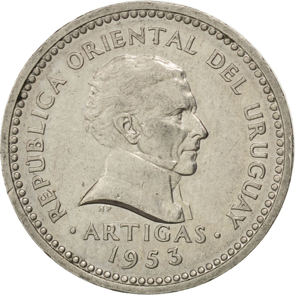 URUGUAY, 5 Centesimos, 1953, KM #34, AU(50-53), Copper-Nickel, 20, 3.53