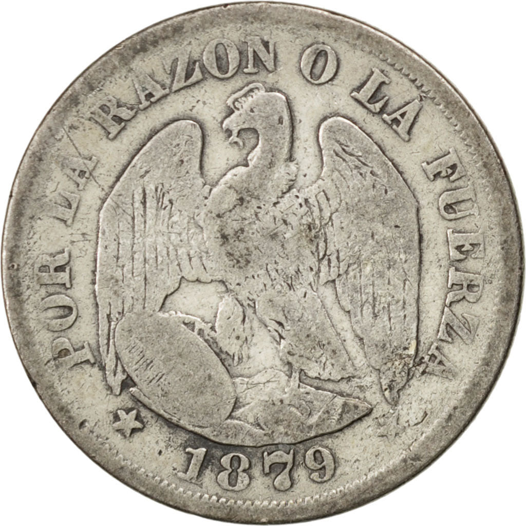 CHILE, 20 Centavos, 1879, KM #138.2, F(12-15), Silver, 23, 4.67