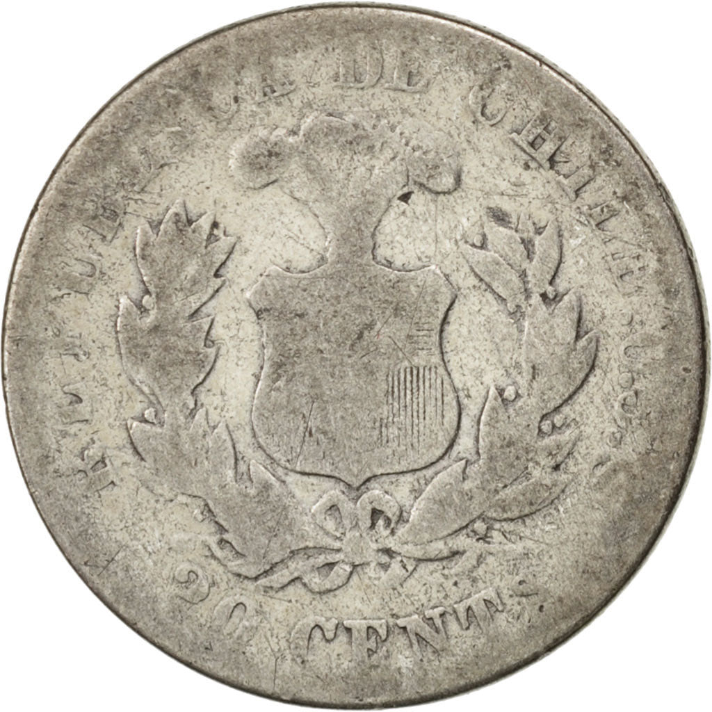 CHILE, 20 Centavos, 1879, KM #138.2, F(12-15), Silver, 23, 4.67