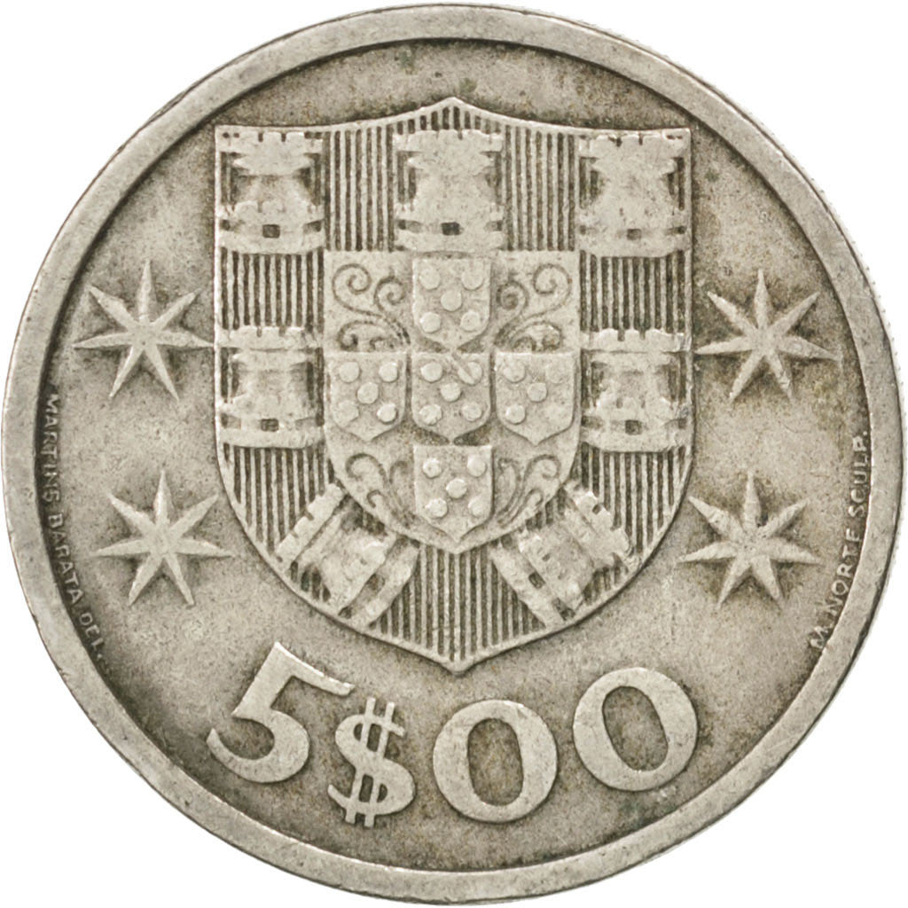 PORTUGAL, 5 Escudos, 1964, KM #591, EF(40-45), Copper-Nickel, 24.5, 6.89