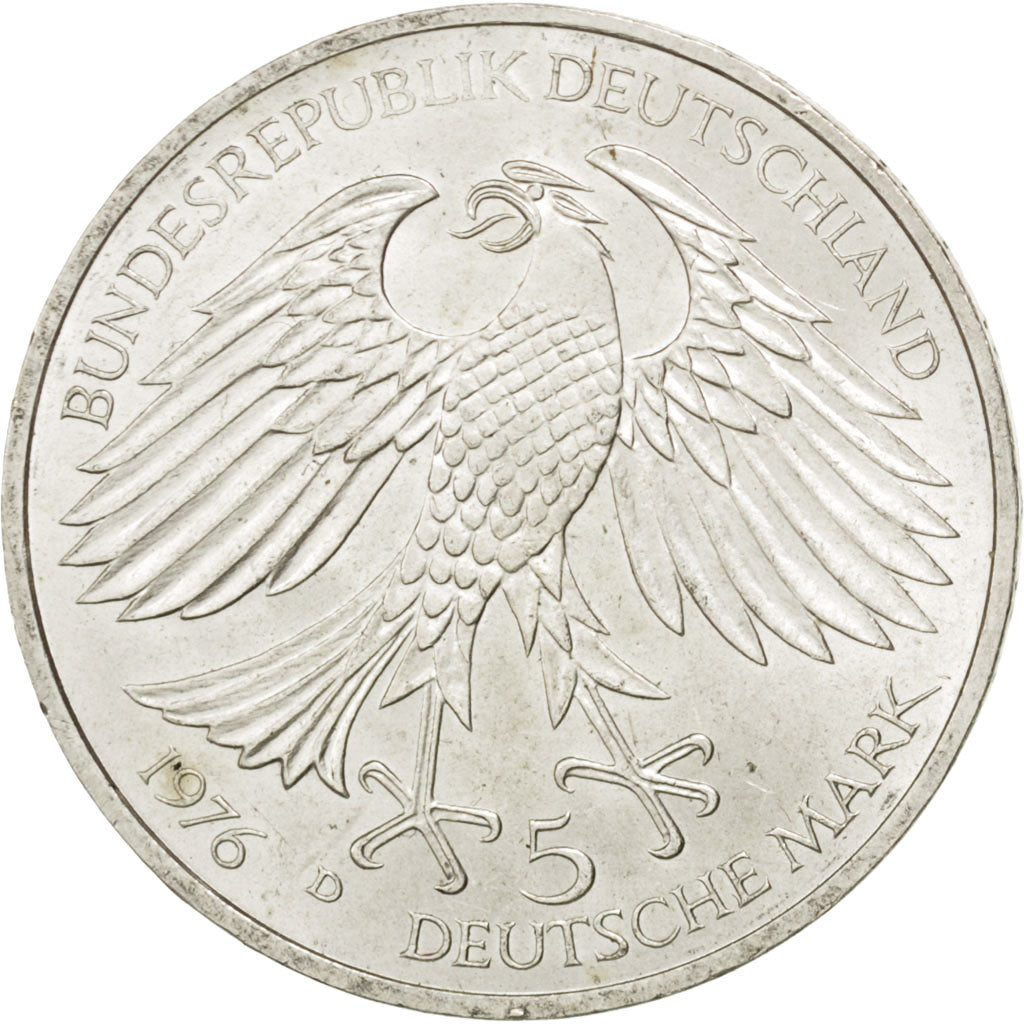 GERMANY - FEDERAL REPUBLIC, 5 Mark, 1976, Munich, KM #144, AU(55-58), Silver,...