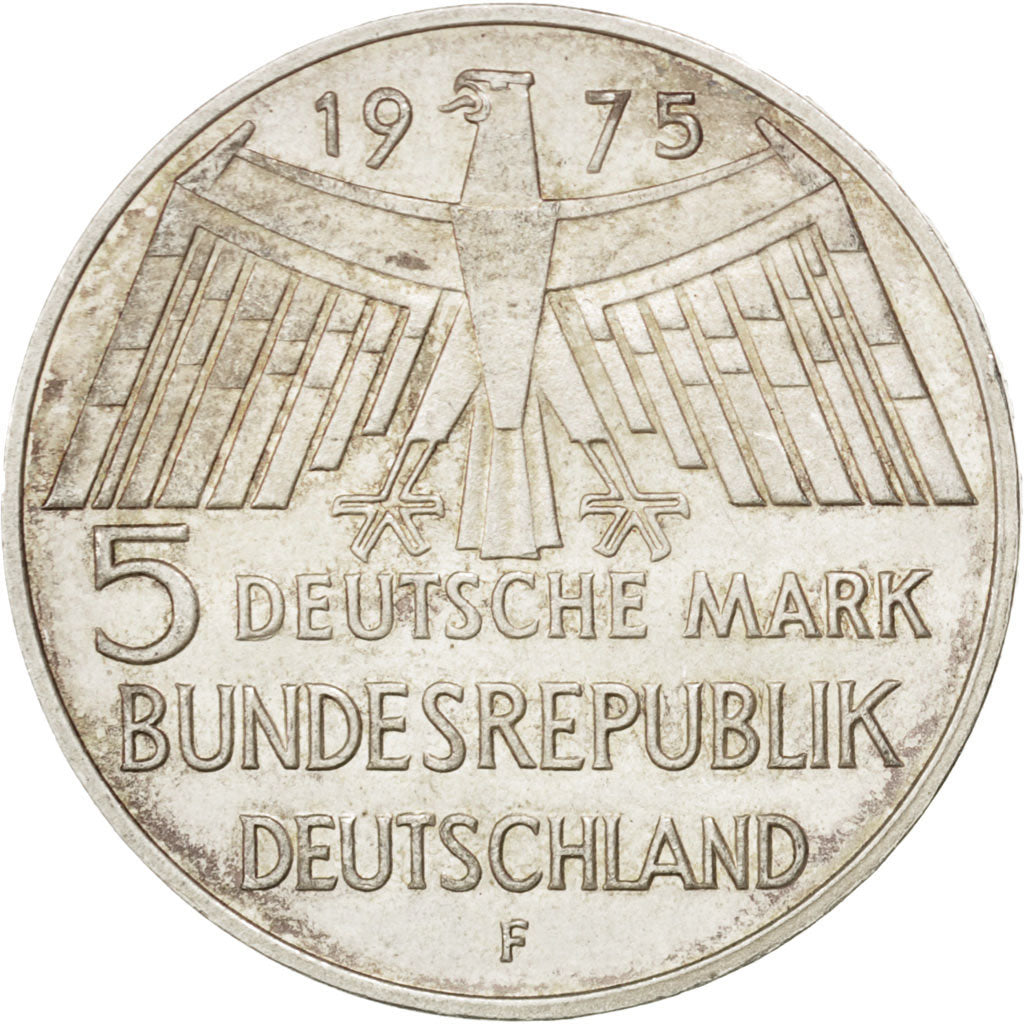 GERMANY - FEDERAL REPUBLIC, 5 Mark, 1975, Stuttgart, KM #142.1, AU(55-58),...