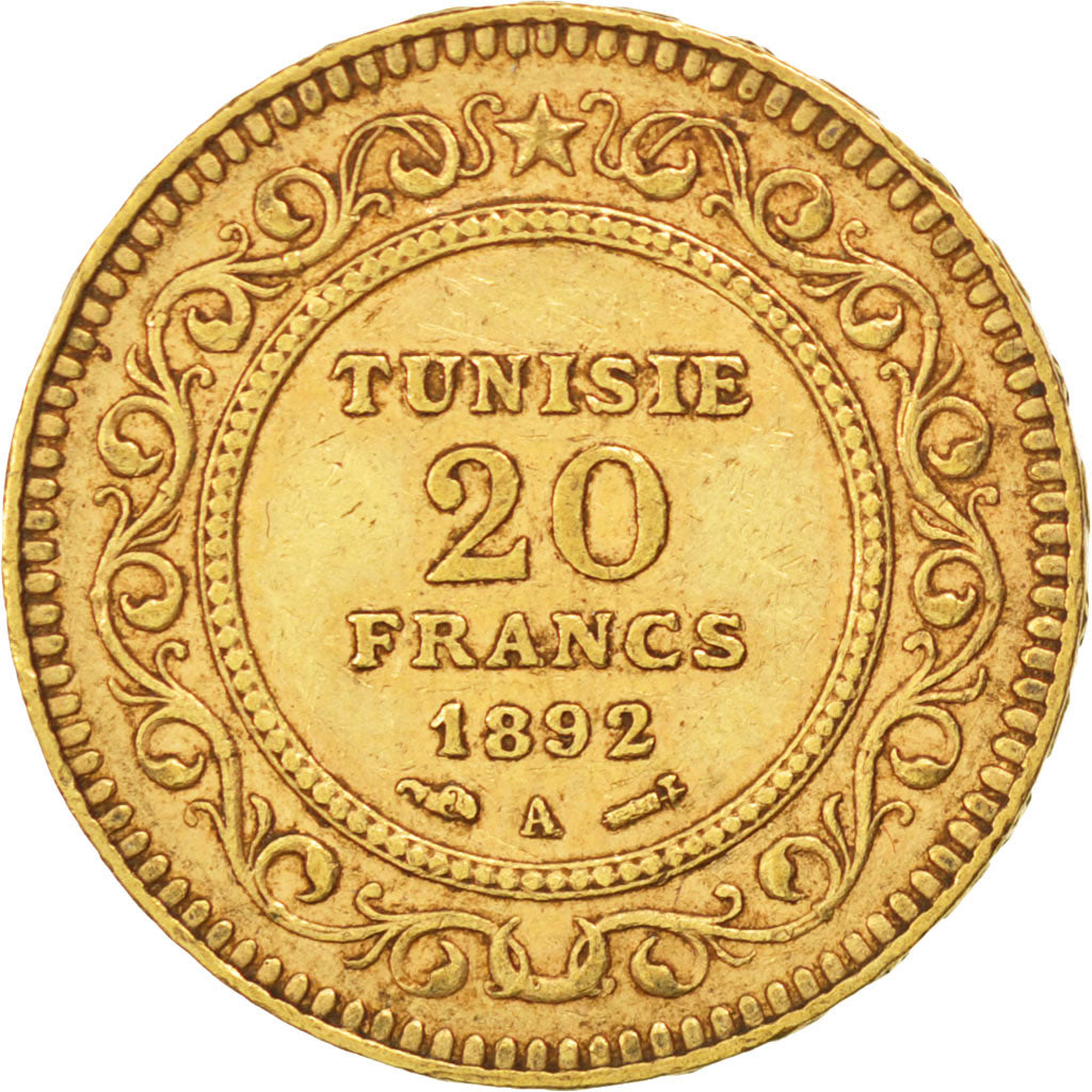 TUNISIA, 20 Francs, 1892, Paris, KM #227, EF(40-45), Gold, 6.45