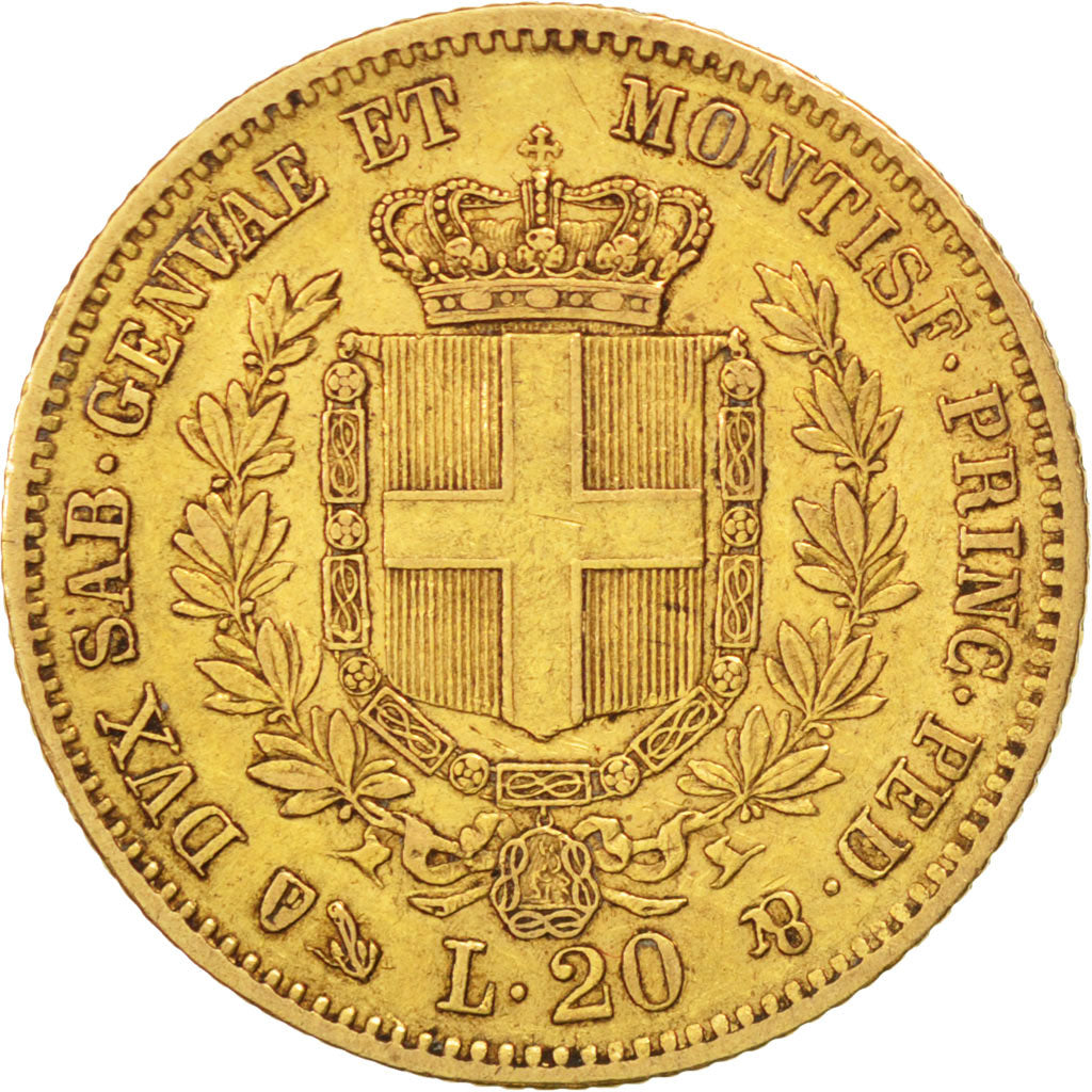 ITALIAN STATES, 20 Lire, 1859, Genoa, KM #146.2, EF(40-45), Gold, 21, 6.45