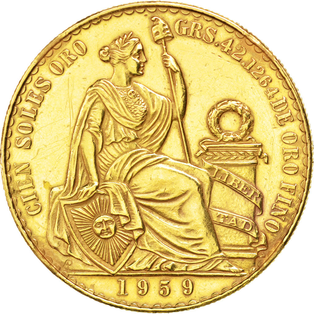 PERU, 100 Soles, 1959, Lima, KM #231, AU(50-53), Gold, 46.66