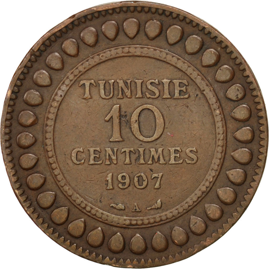 Coin, Tunisia, Muhammad al-Nasir Bey, 10 Centimes, 1907, Paris, EF(40-45)