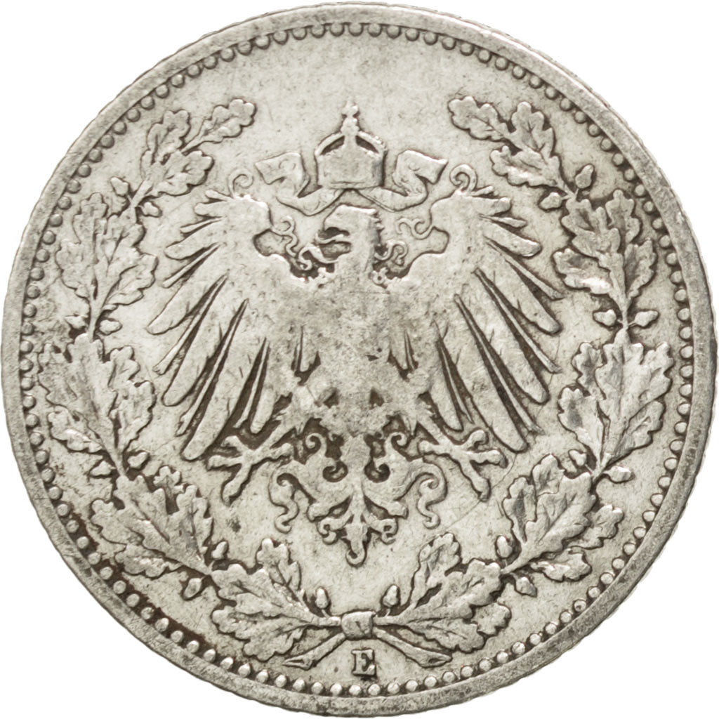 GERMANY - EMPIRE, 1/2 Mark, 1905, Muldenhütten, KM #17, EF(40-45), Silver, 20,..