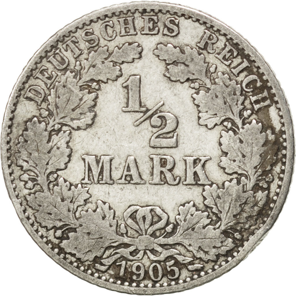 GERMANY - EMPIRE, 1/2 Mark, 1905, Muldenhütten, KM #17, EF(40-45), Silver, 20,..