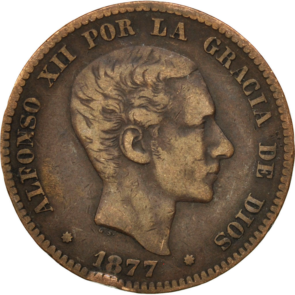 Spagna, Alfonso XII, 10 Centimos, 1877, MB+, Bronzo, KM:675