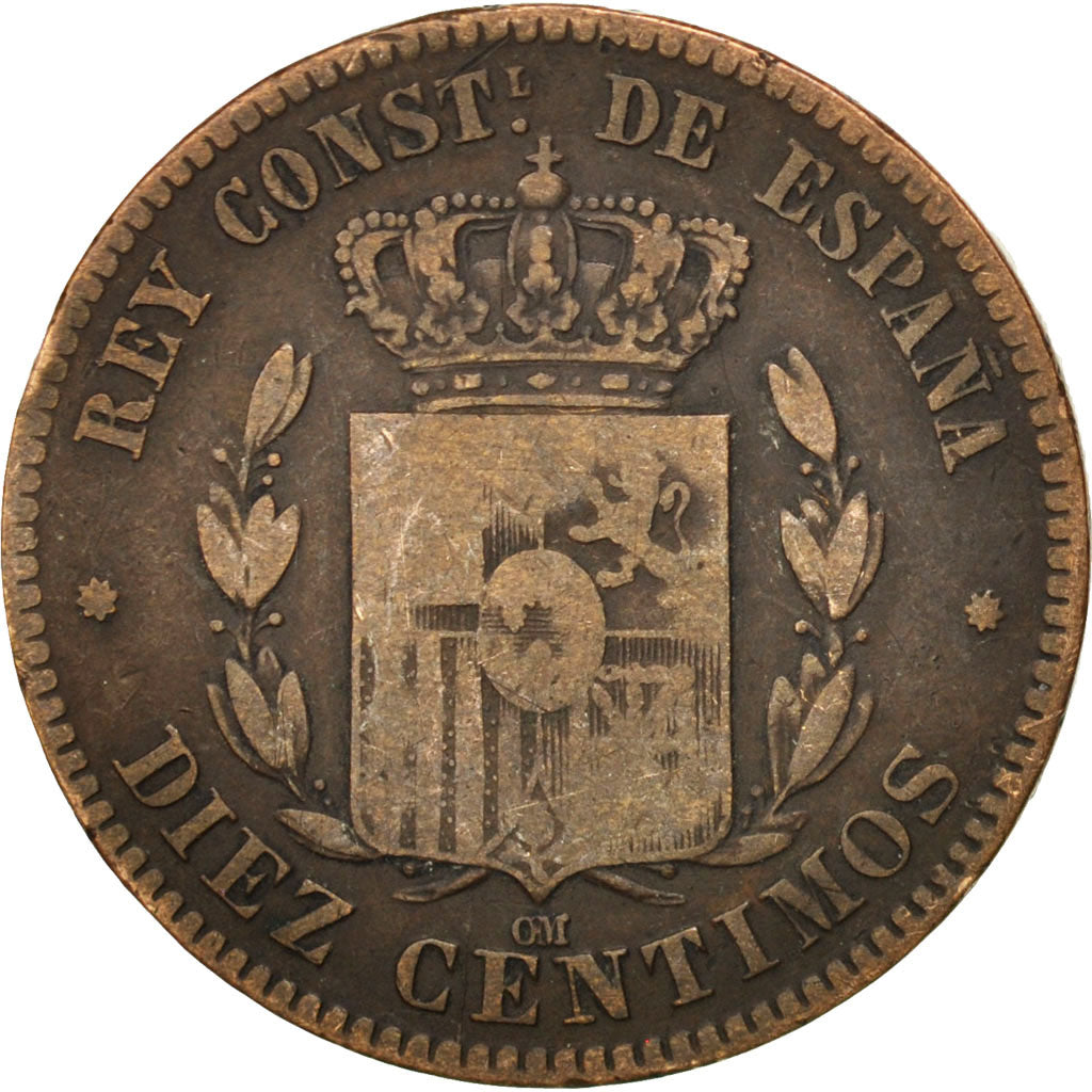 Spagna, Alfonso XII, 10 Centimos, 1877, MB+, Bronzo, KM:675