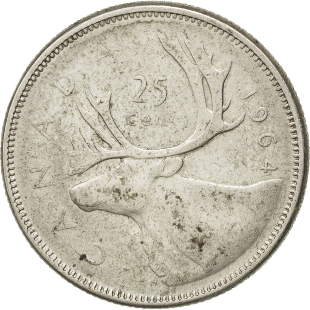 CANADA, 25 Cents, 1964, Royal Canadian Mint, KM #52, EF(40-45), Silver, 23.8,...