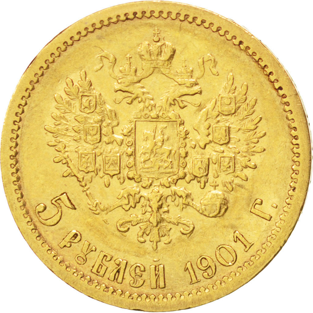 RUSSIA, 5 Roubles, 1901, St. Petersburg, KM #62, AU(50-53), Gold, 4.28