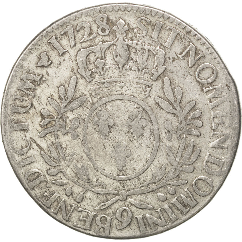 FRANCE, Écu aux branches d'olivier, ECU, 1728, Rennes, KM #486.26, VF(20-25), ..