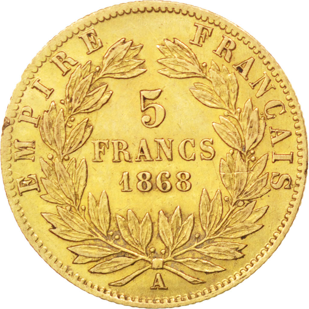 FRANCE, Napoléon III, 5 Francs, 1868, Paris, KM #803.1, AU(50-53), Gold, Gadoury