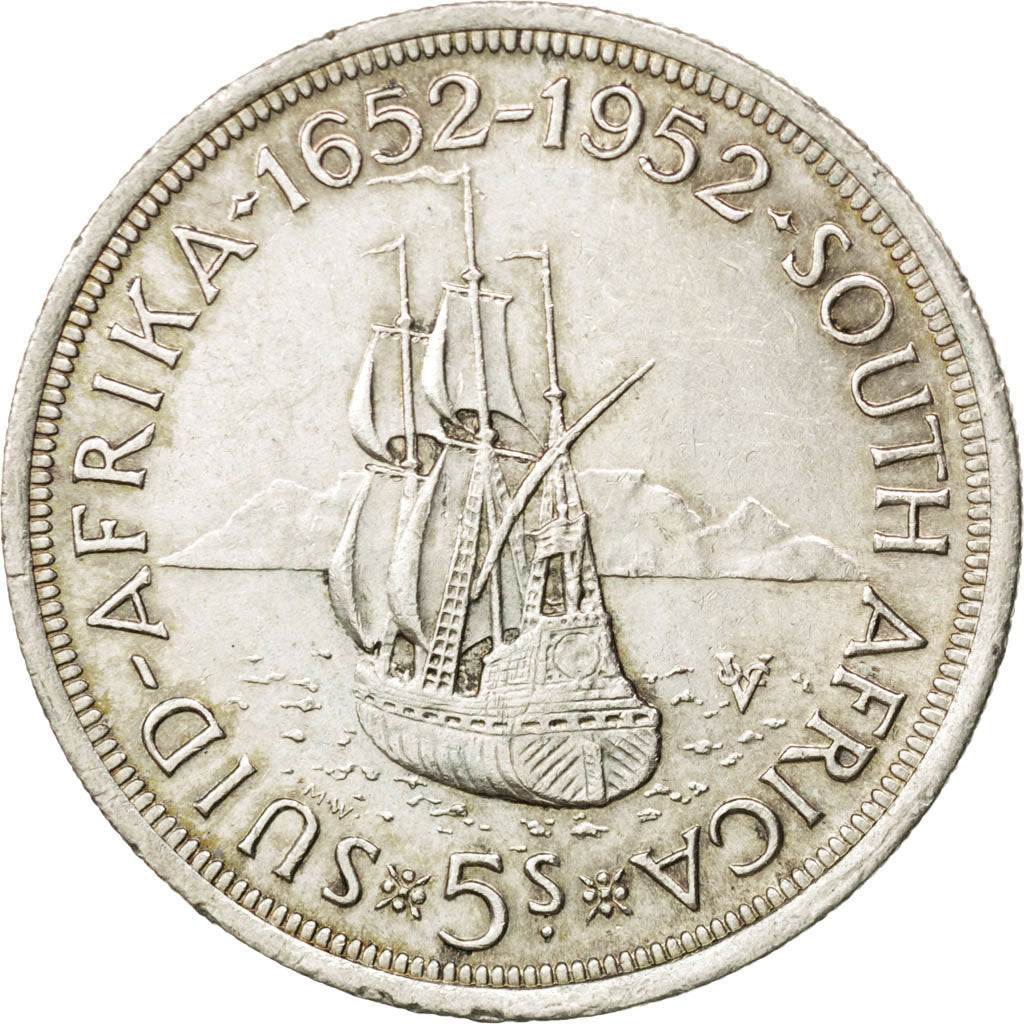 SOUTH AFRICA, 5 Shillings, 1952, KM #41, AU(55-58), Silver, 38.8, 28.17