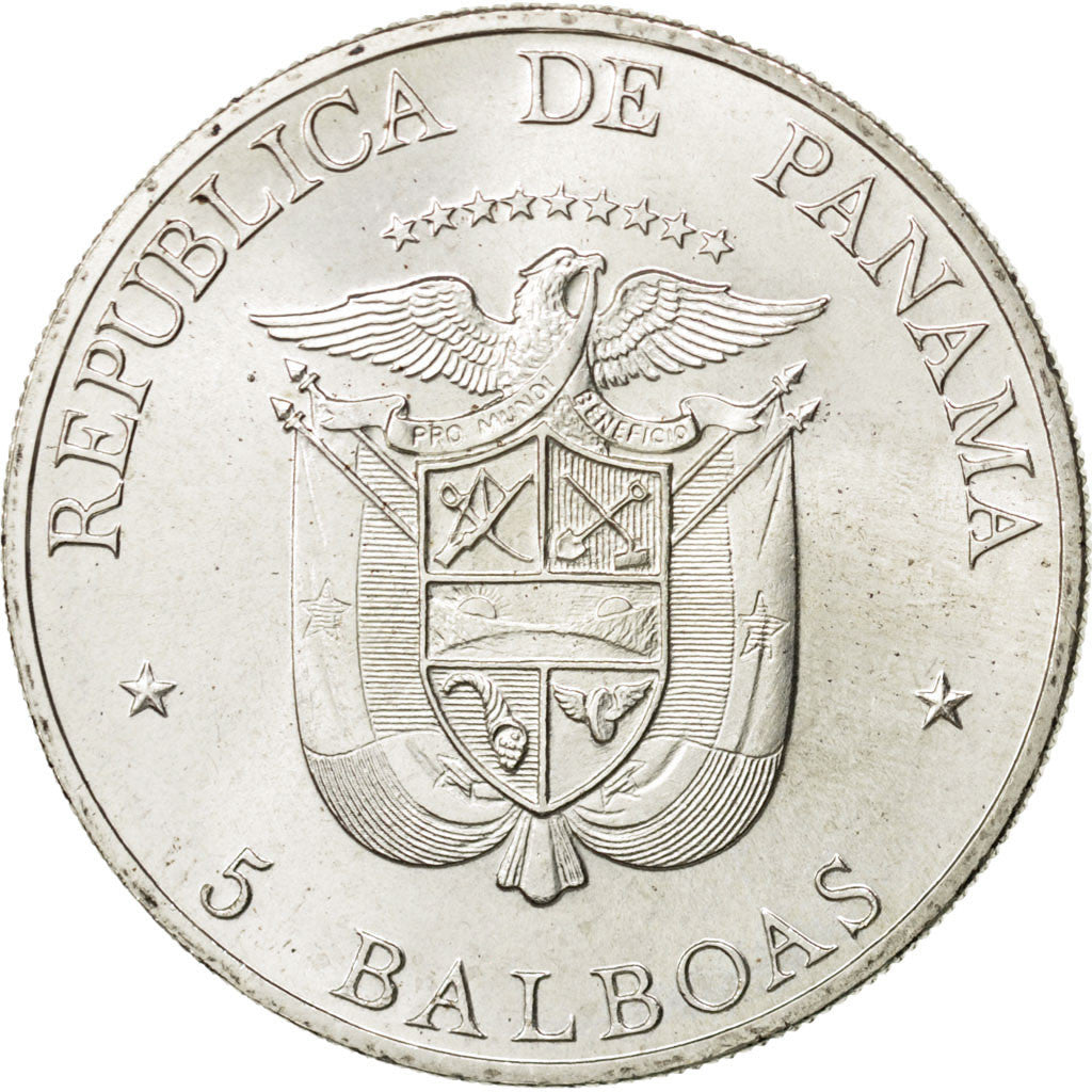 Moneda, Panamá, 5 Balboas, 1972, SC, Plata, KM:30