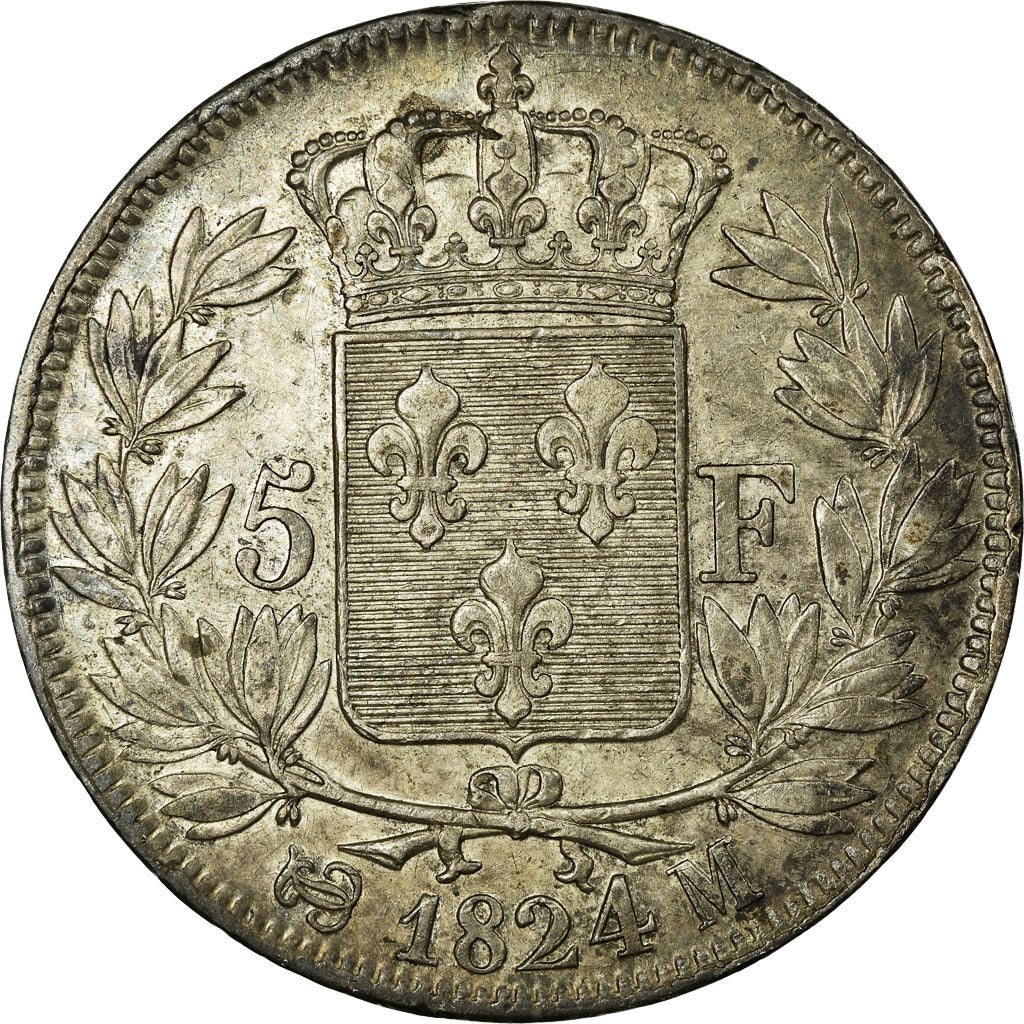 Moneda, Francia, Louis XVIII, 5 Francs, 1824, Toulouse, MBC, Plata, KM:711.9
