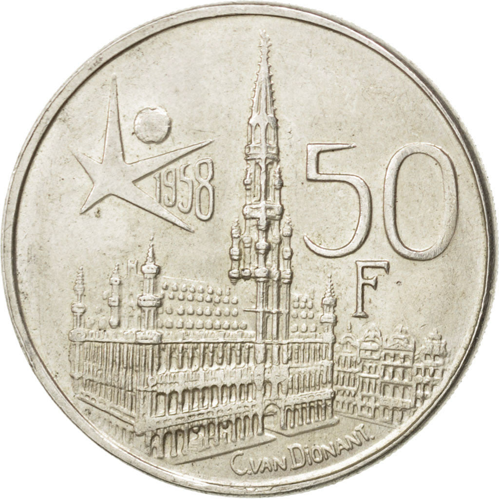 BELGIUM, 50 Francs, 50 Frank, 1958, KM #150.1, AU(55-58), Silver, 30, 12.39
