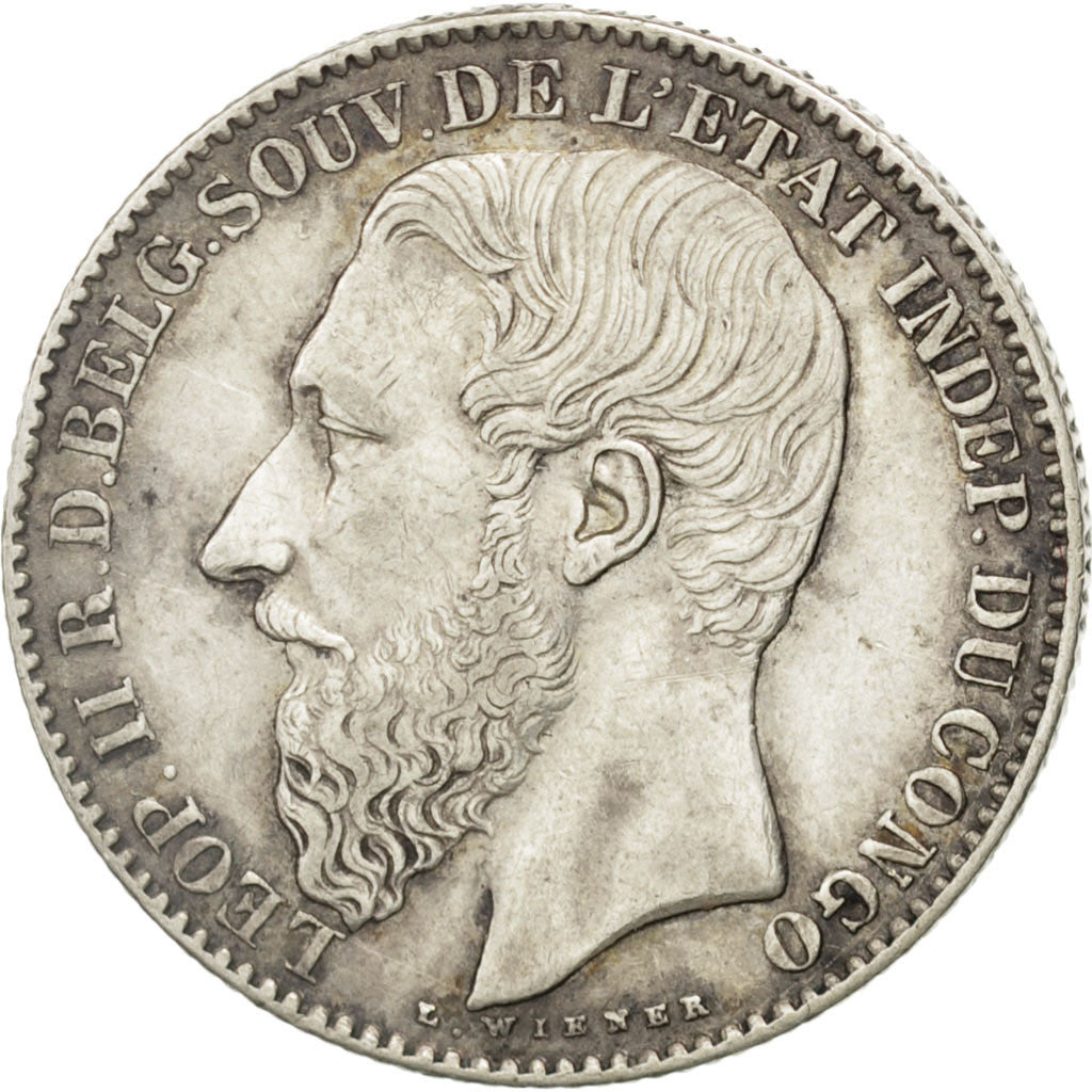 CONGO FREE STATE, 2 Francs, 1887, KM #7, AU(50-53), Silver, 27, 10.00