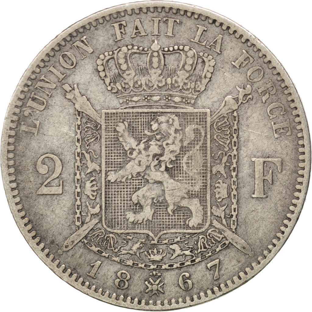 BELGIUM, 2 Francs, 2 Frank, 1867, KM #30.1, VF(30-35), Silver, 9.78