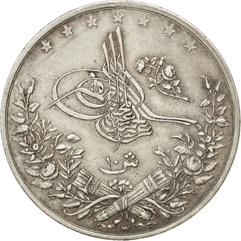 EGYPT, 10 Qirsh, 1885, Misr, KM #295, AU(50-53), Silver, 14.02