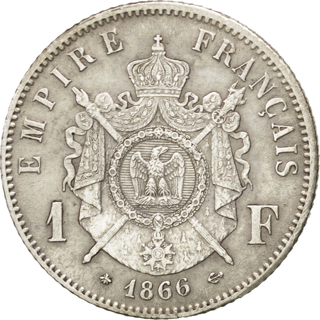 FRANCE, Napoléon III, Franc, 1866, Paris, KM #806.1, AU(50-53), Silver, Gadoury 