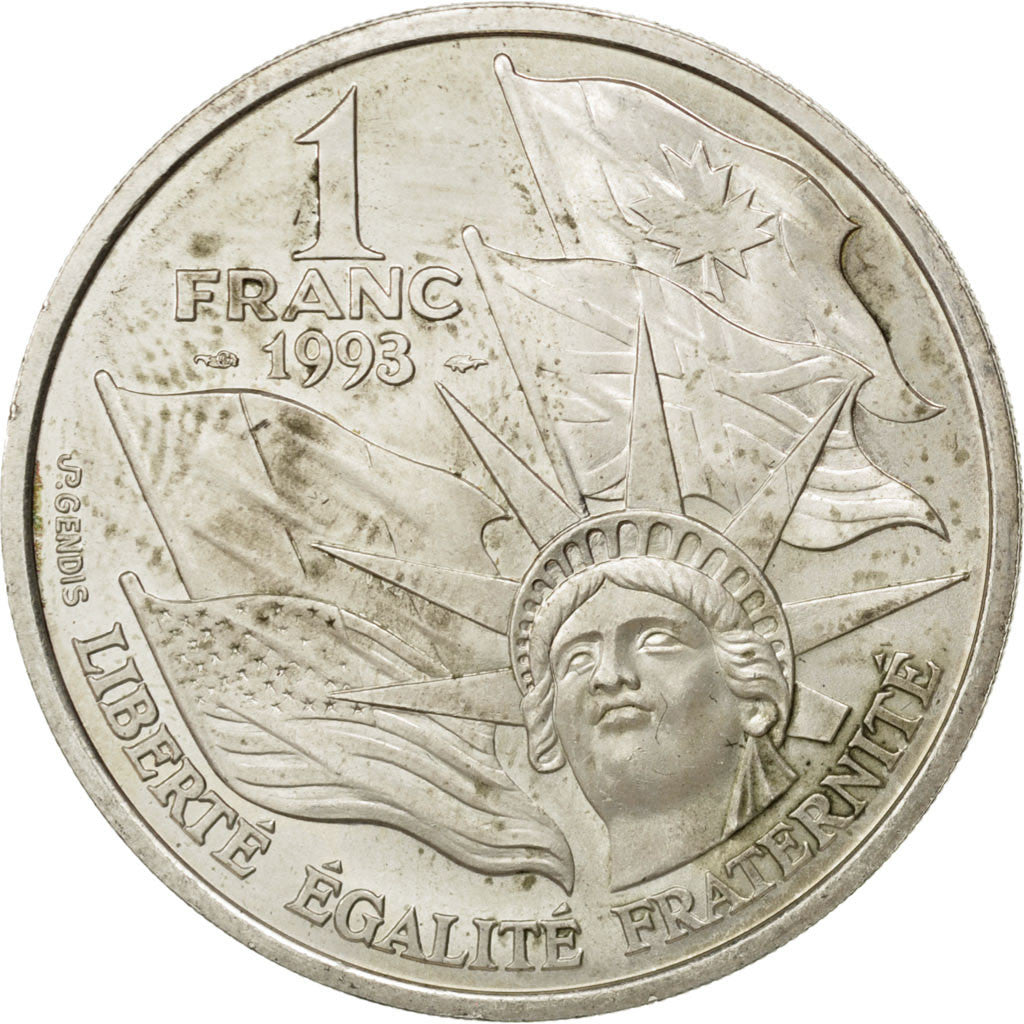 FRANCE, Franc, 1993, KM #1014, AU(50-53), Silver, 22.13