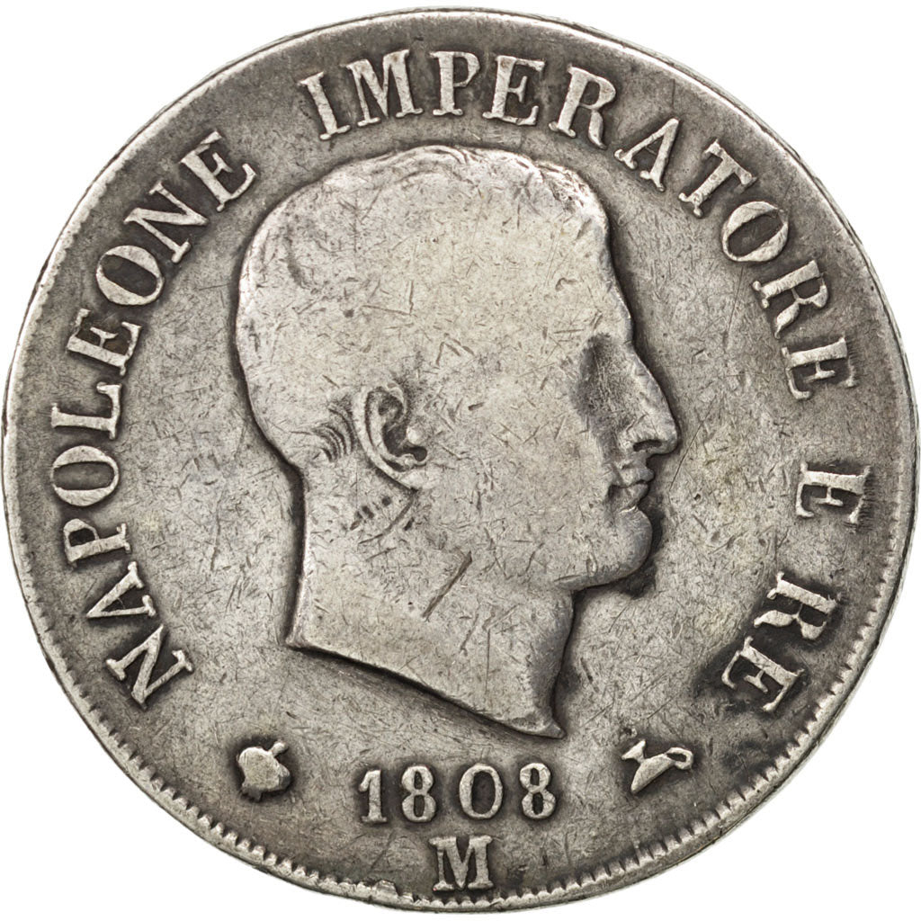 ITALIAN STATES, 5 Lire, 1808, Milan, KM #10.1, VF(20-25), Silver, 24.70