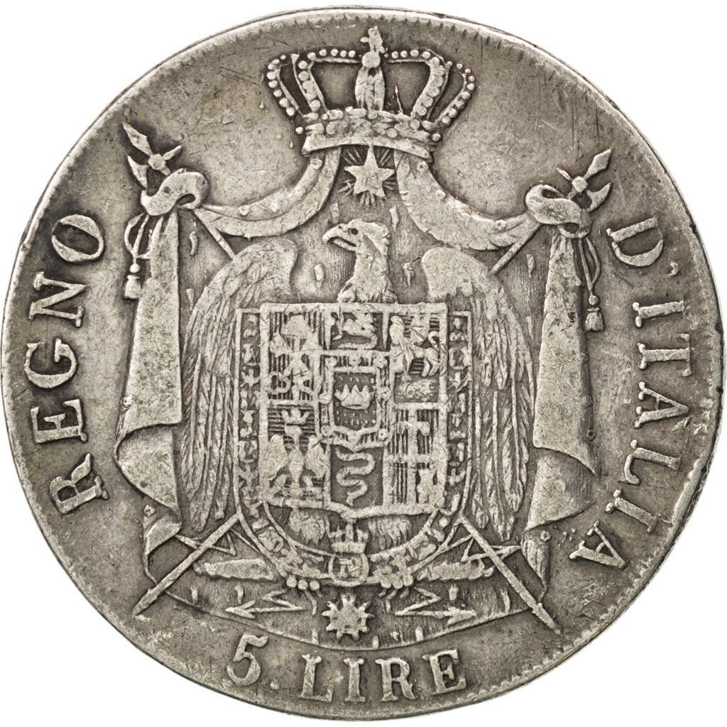 ITALIAN STATES, 5 Lire, 1808, Milan, KM #10.1, VF(20-25), Silver, 24.70