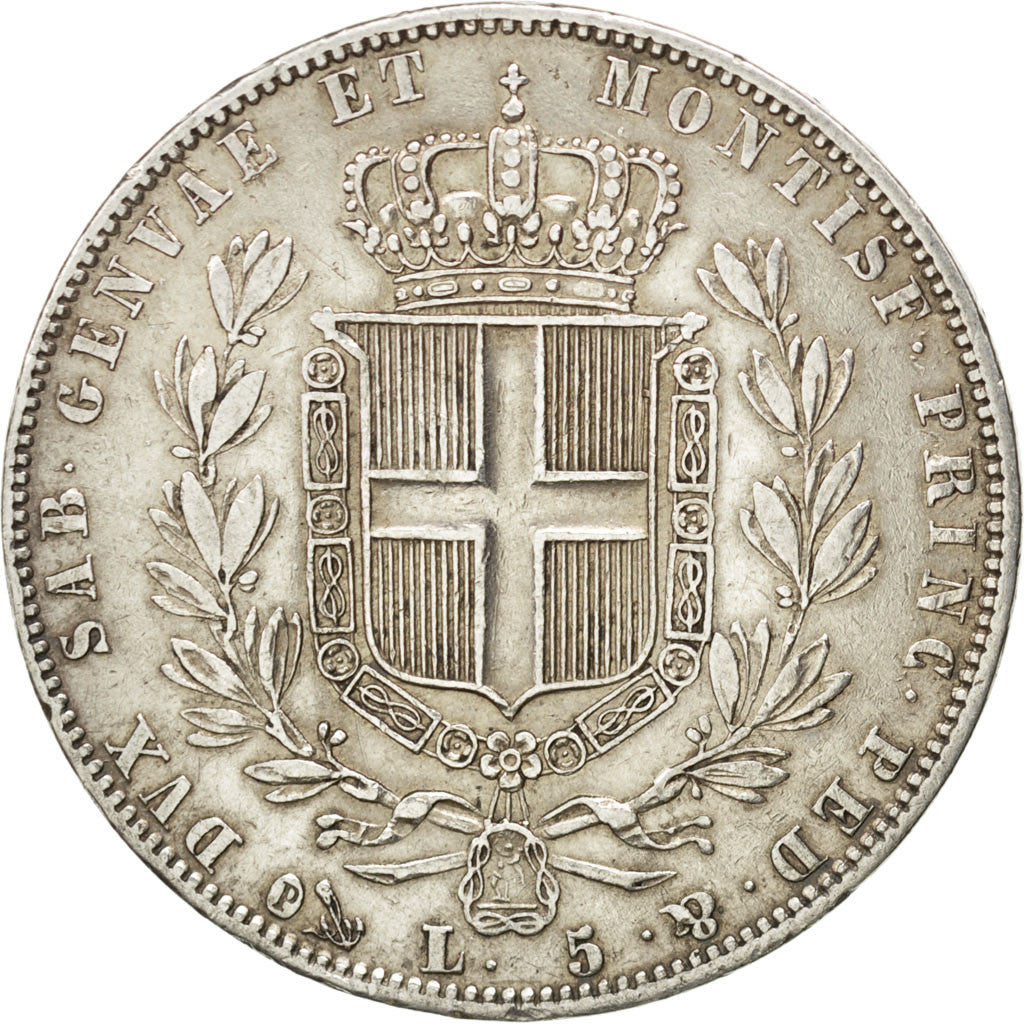 Monnaie, États italiens, SARDINIA, Carlo Alberto, 5 Lire, 1844, Genoa, TB+