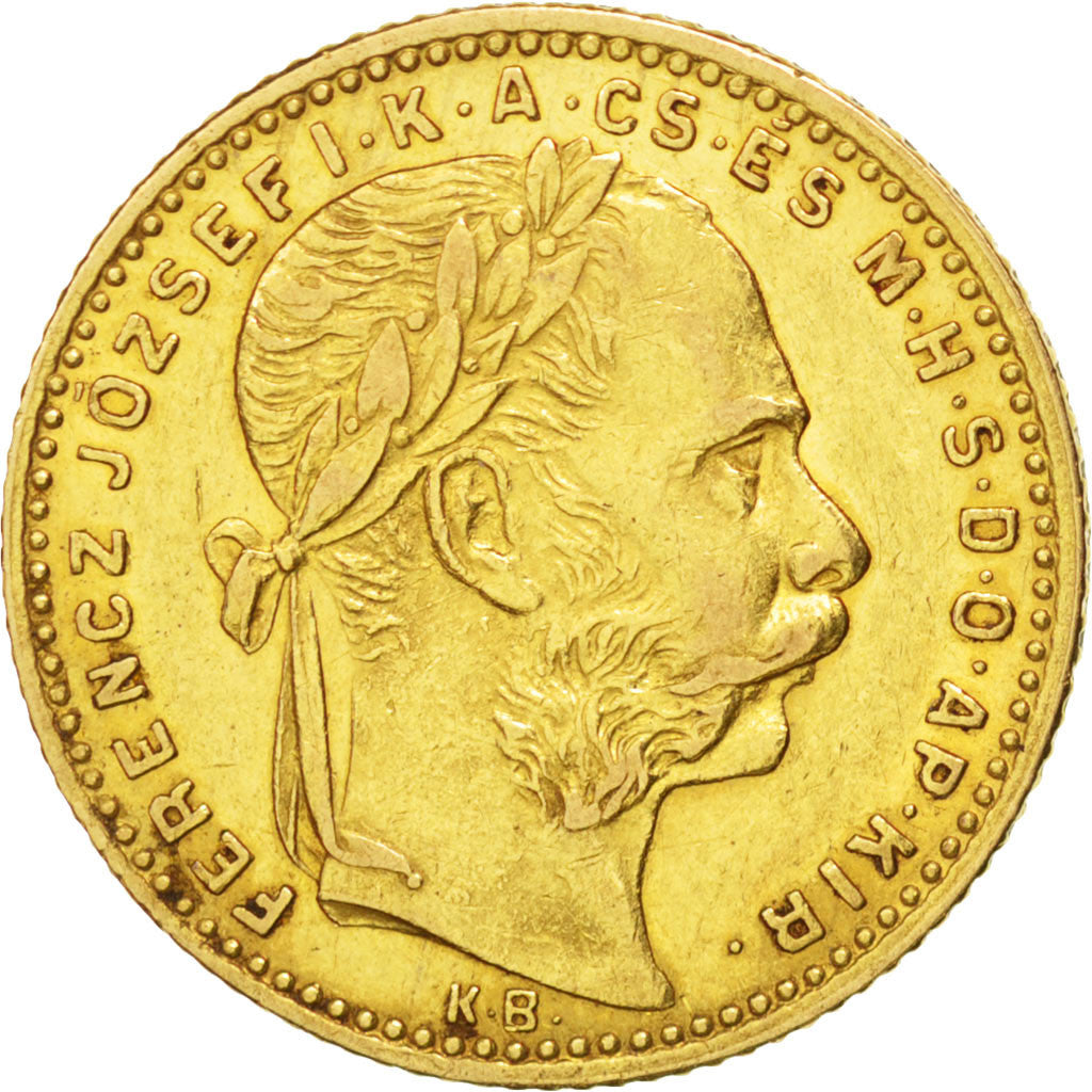 HUNGARY, 8 Forint 20 Francs, 1885, Kormoczbanya, KM #467, EF(40-45), Gold, 6.43