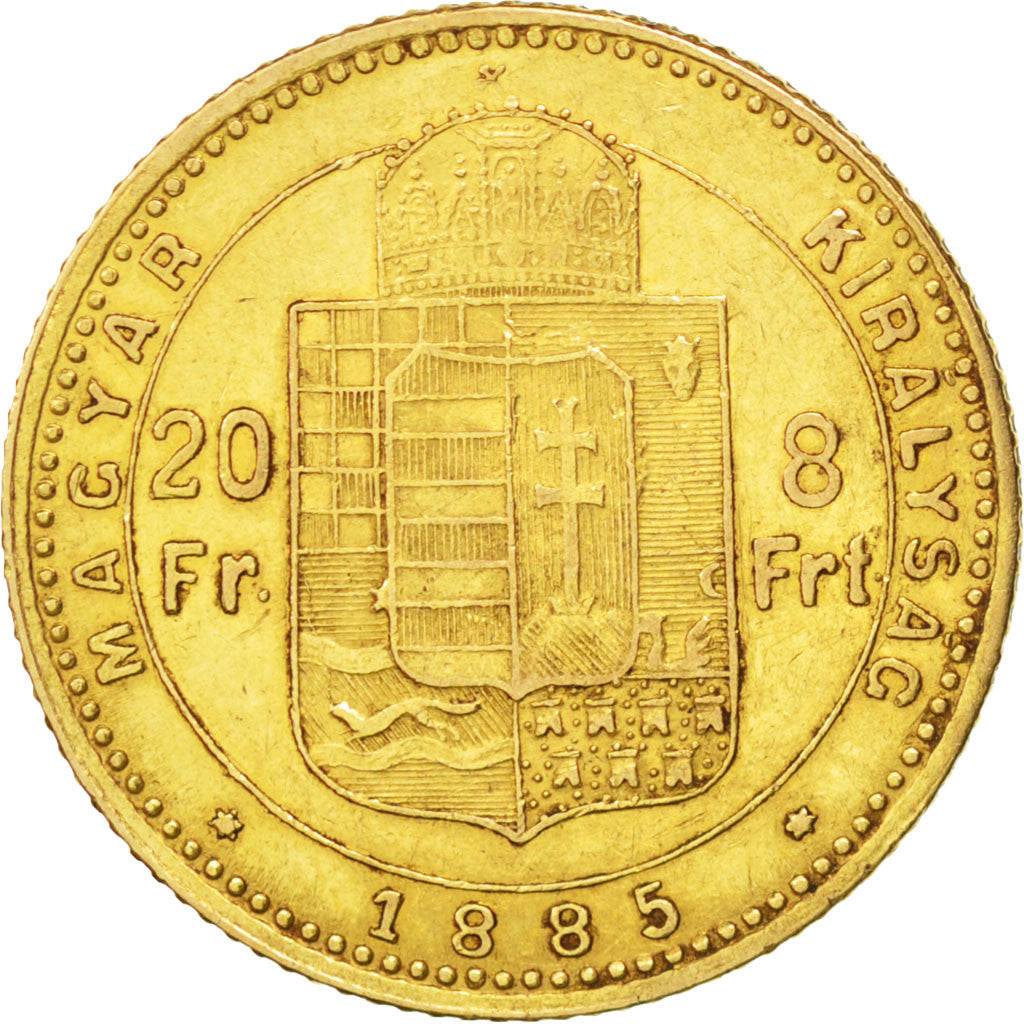 HUNGARY, 8 Forint 20 Francs, 1885, Kormoczbanya, KM #467, EF(40-45), Gold, 6.43