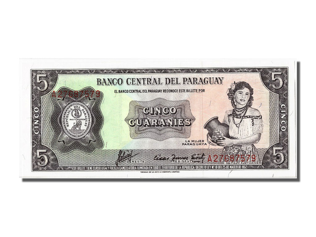 Banconote, Paraguay, 5 Guaranies, 1952, FDS