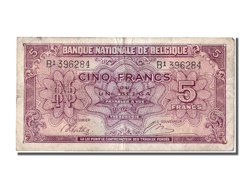 Belgium, 5 Francs-1 Belga, 1943, KM #121, 1943-02-01, VF(20-25)