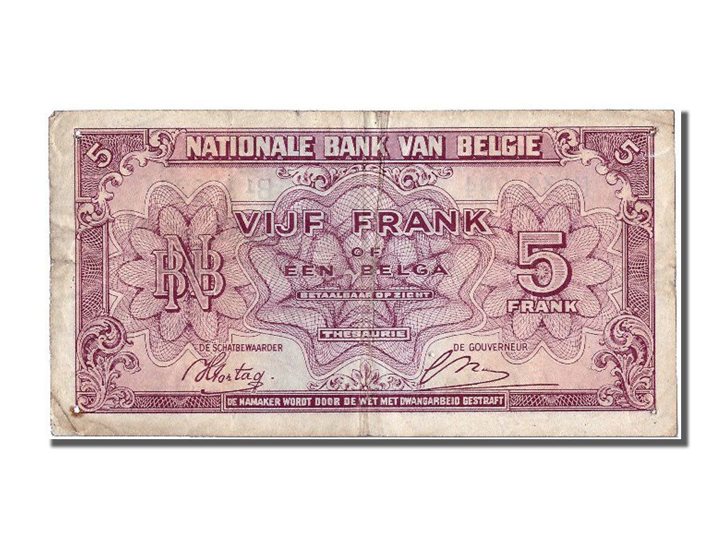 Belgium, 5 Francs-1 Belga, 1943, KM #121, 1943-02-01, VF(20-25)