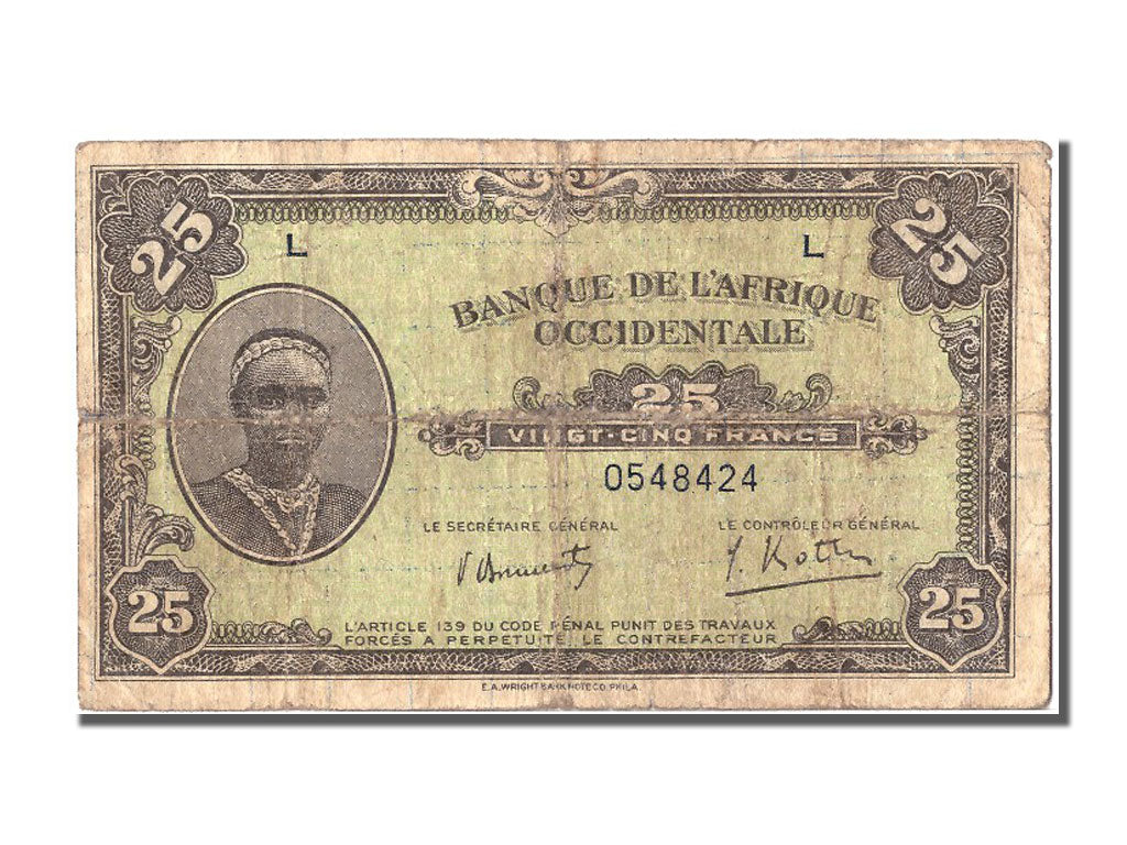 French West Africa, 25 Francs, 1942, KM #30a, 1942-12-14, VF(20-25)