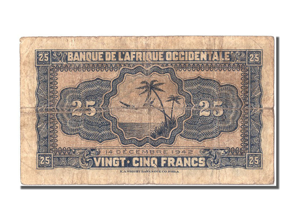 French West Africa, 25 Francs, 1942, KM #30a, 1942-12-14, VF(20-25)