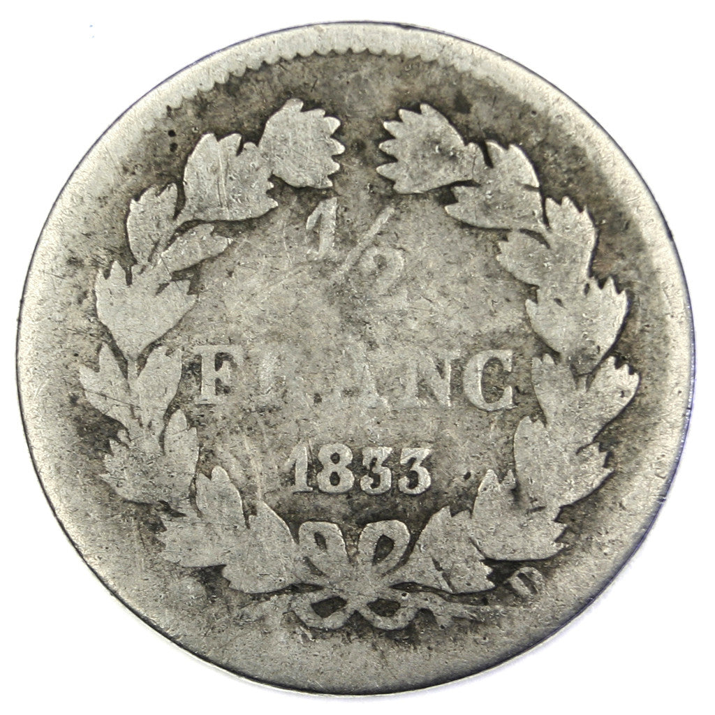 FRANCE, Louis-Philippe, 1/2 Franc, 1833, Lyon, KM #741.4, VG(8-10), Silver,...