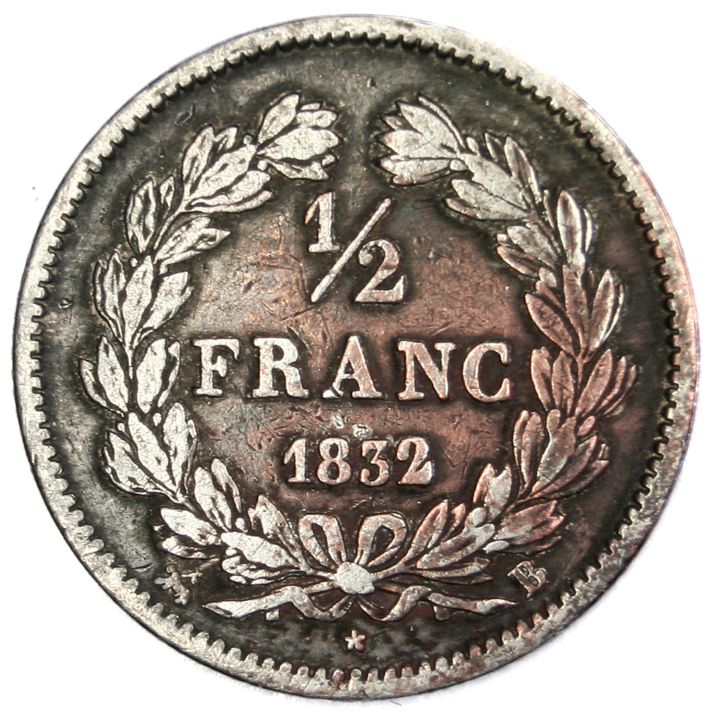 FRANCE, Louis-Philippe, 1/2 Franc, 1832, Rouen, KM #741.2, VF(30-35), Silver,...