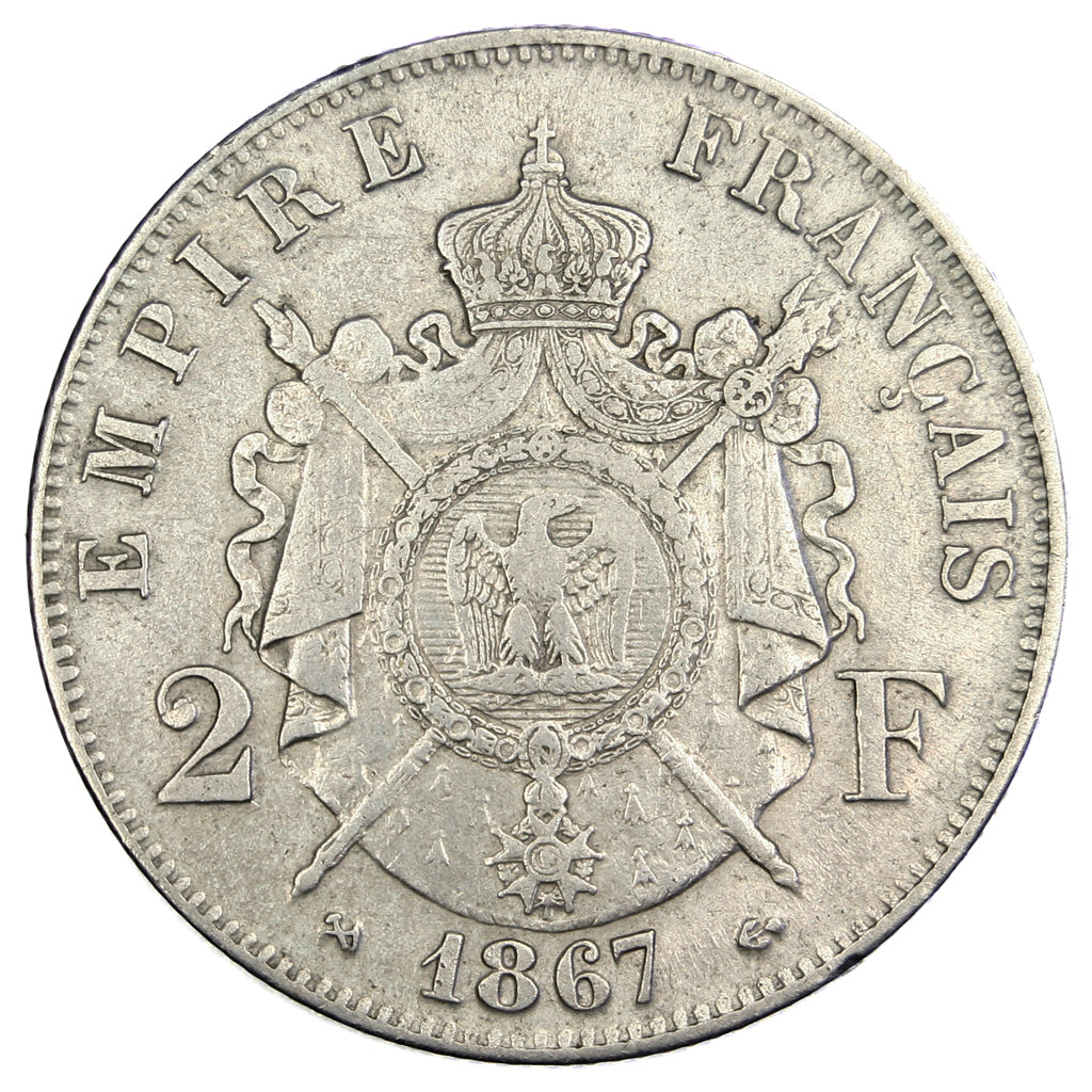 FRANCE, Napoléon III, 2 Francs, 1867, Bordeaux, KM #807.3, EF(40-45), Silver, G.