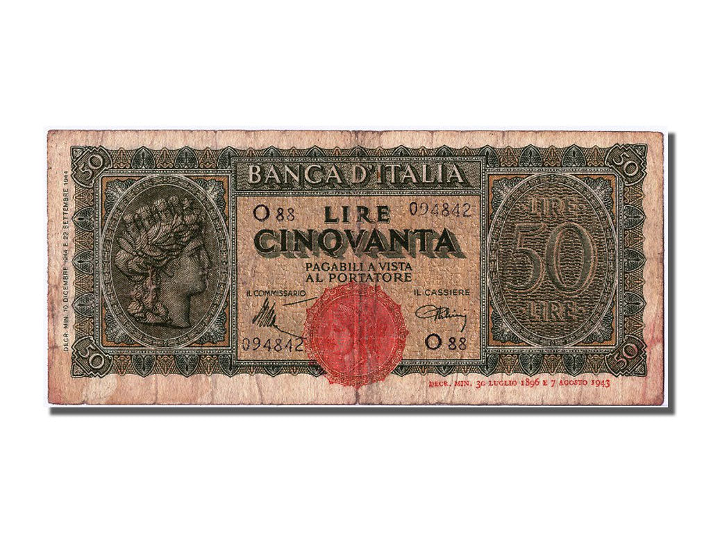 Italy, 50 Lire, 1944, KM #74a, 1944-12-10, VF(30-35), O 88 094842