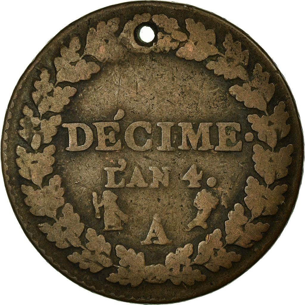 Moneda, Francia, Dupré, Decime, 1795, Paris, BC, Bronce, Gadoury:184