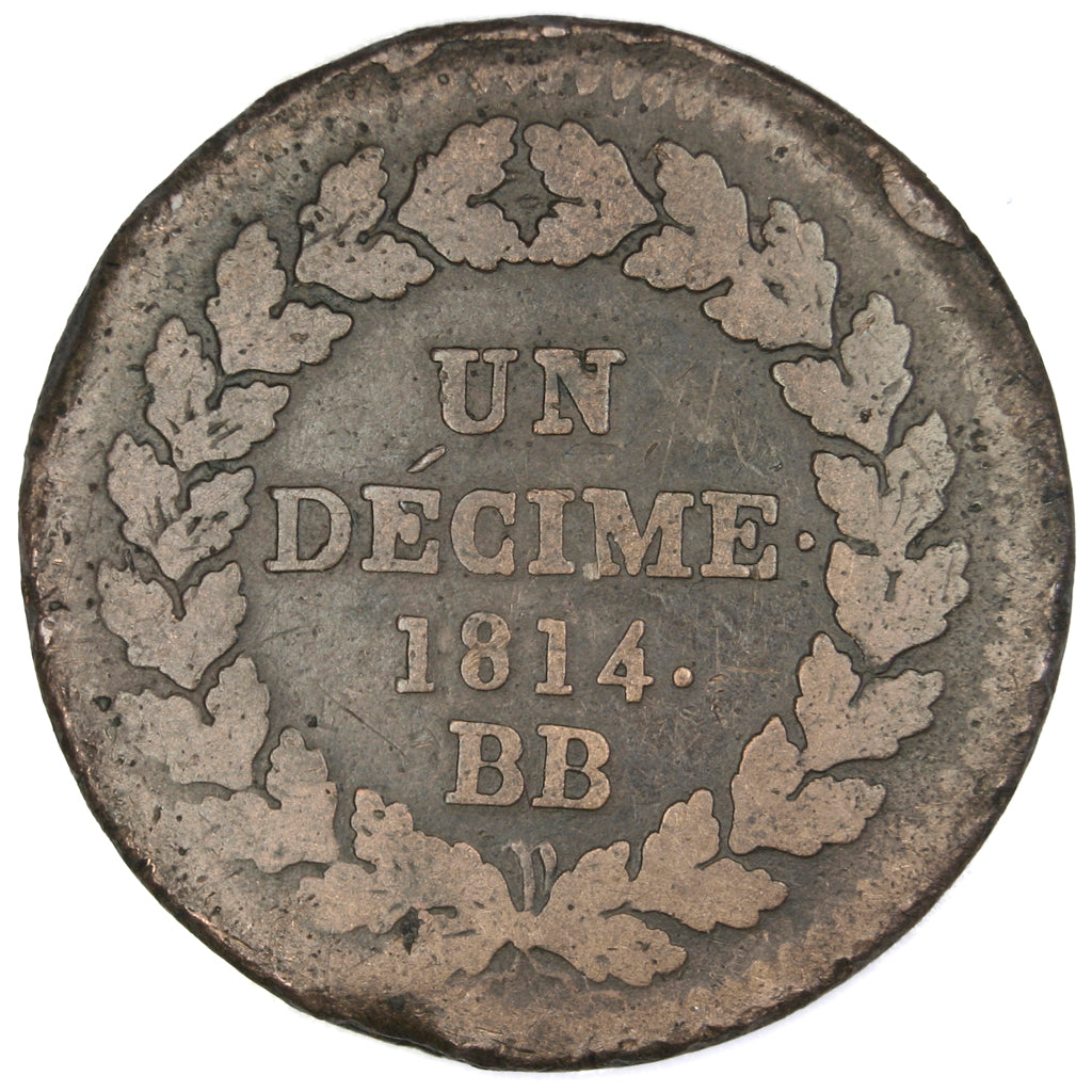 FRANCE, 1 Décime, 1814, Strasbourg, F(12-15), Bronze, Gadoury #195b, 22.01