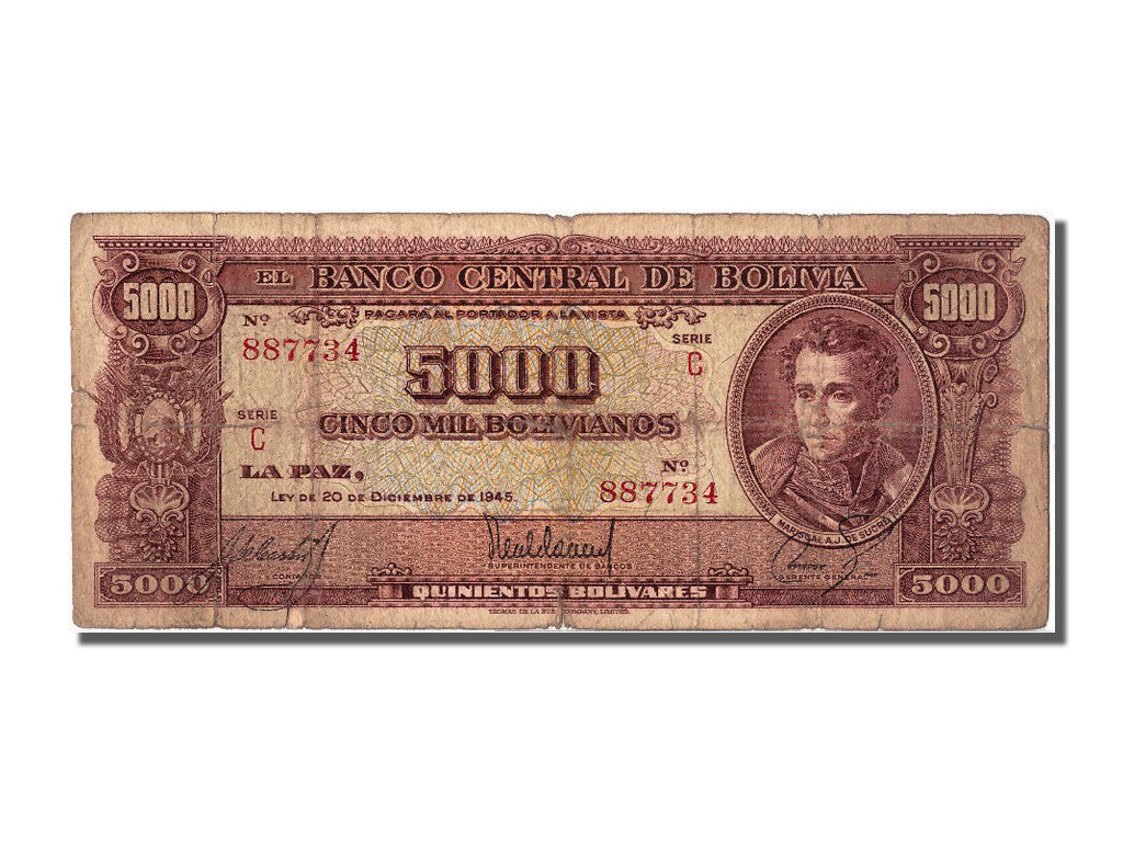 Bolivia, 5000 Bolivianos, 1945, KM #145, 1945-12-20, VG(8-10), C 887734